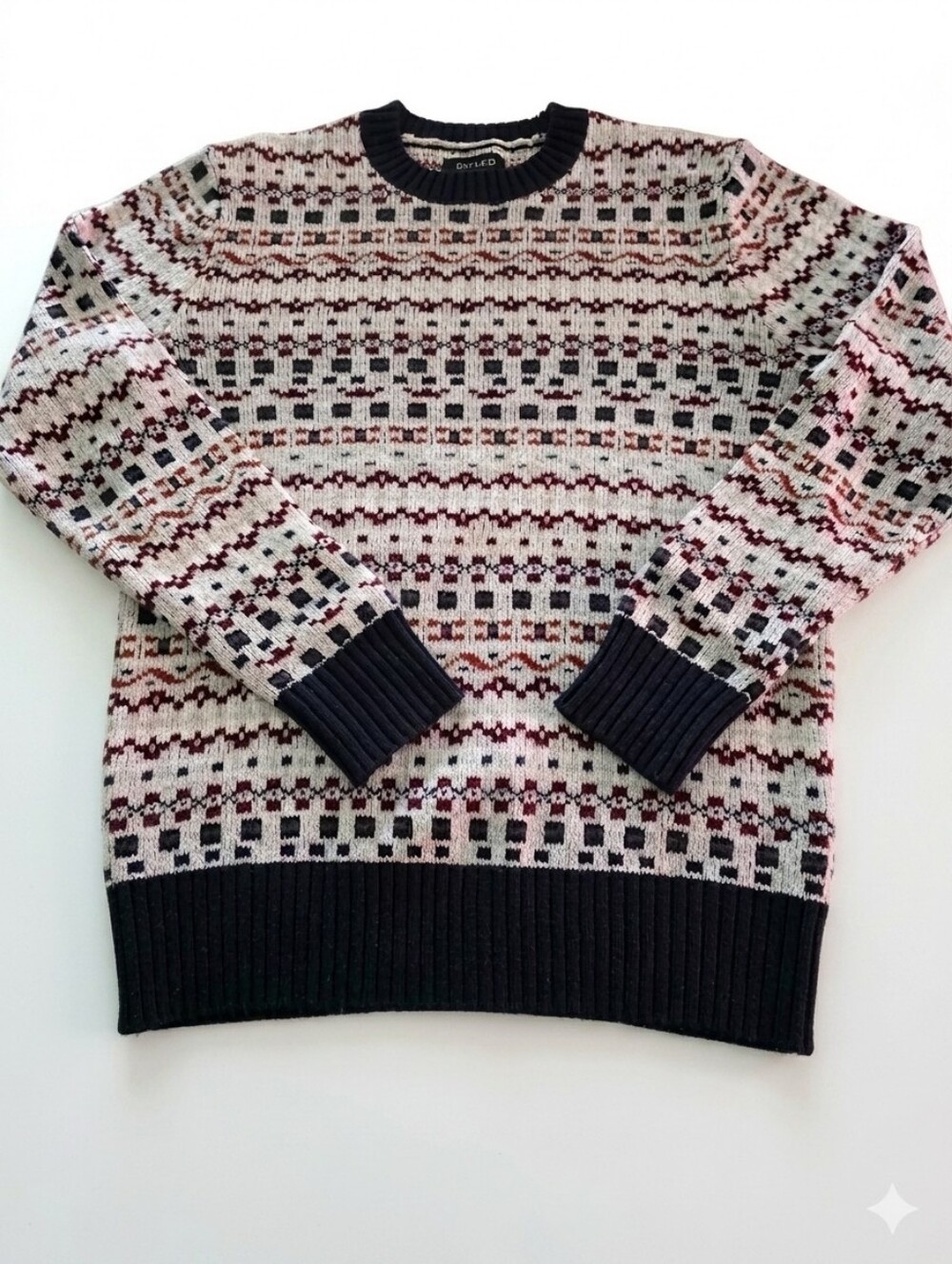 RW&CO Crewneck Fair Isle Wool Blend Sweater in Ivory & Blue - Men Sz Small